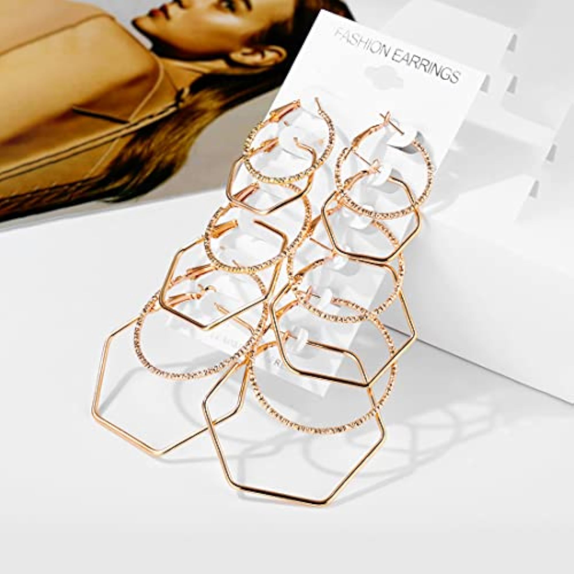 6 Pair Geometric Hoop Earrings Set, Women's Toned Hoops